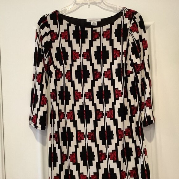 Liz Claiborne Dress Size XS Multicolored Black White Red Sheath 3/4 Sleeves - Picture 2 of 9